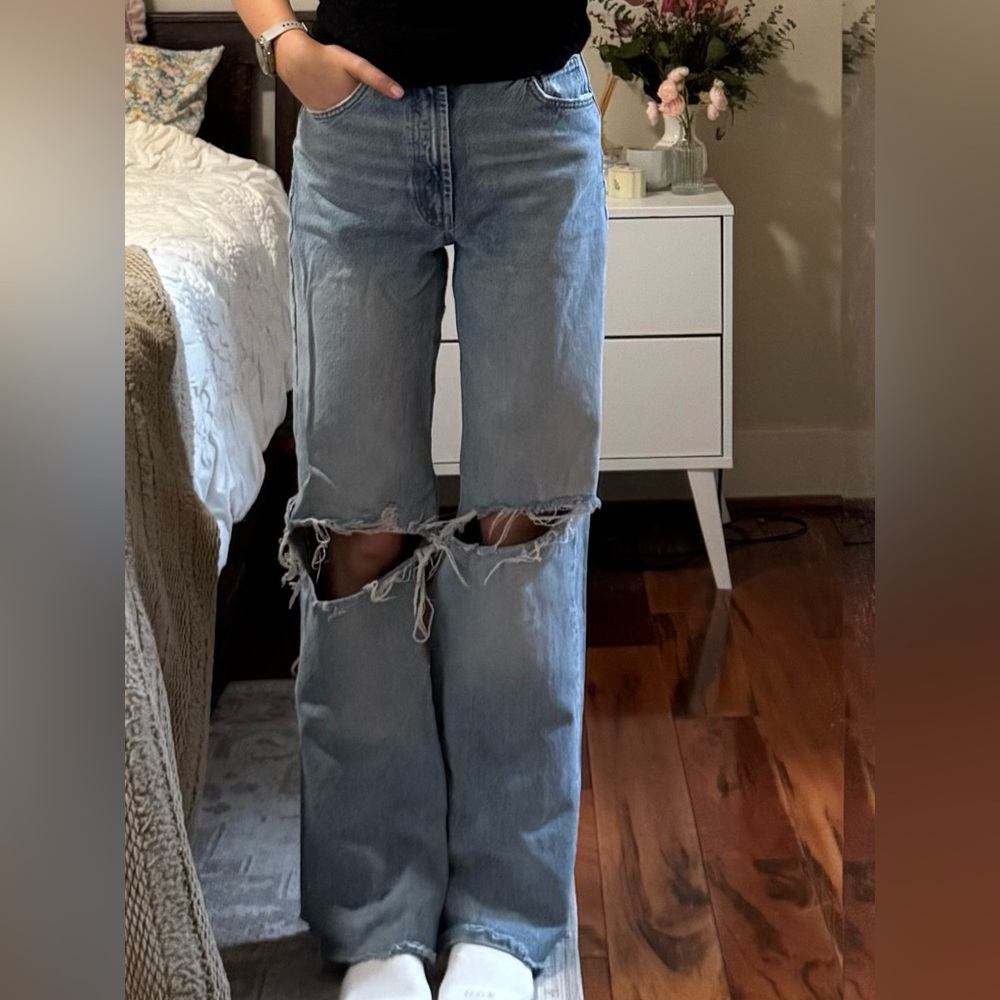 Light Blue Distressed Wide-Leg Jeans